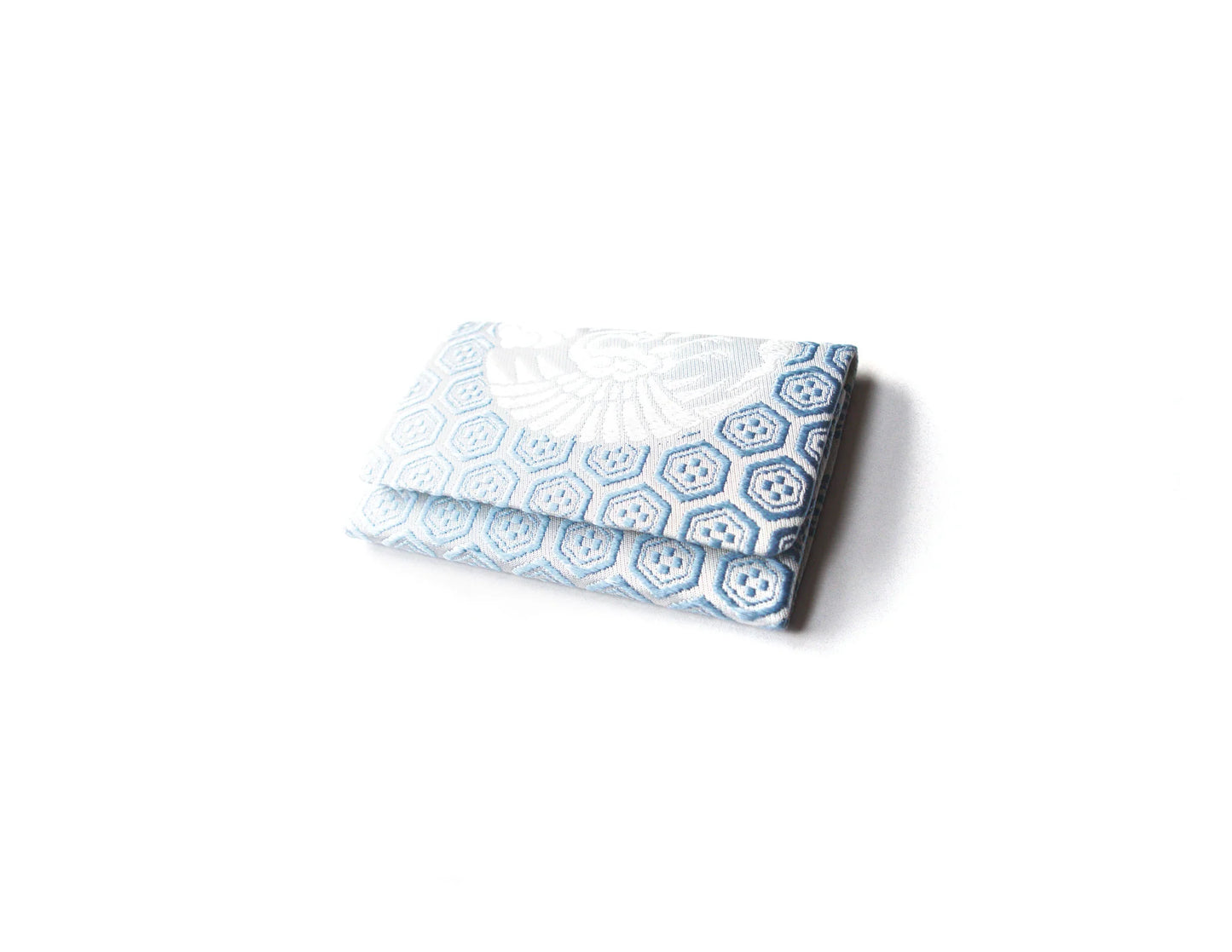 Yusoku-mon Business Card Holder with Floating Weave - Light Blue Tortoiseshell Pattern with Cloud and Crane Design on top - (Sakai-machi Mikadomae Heishichi)