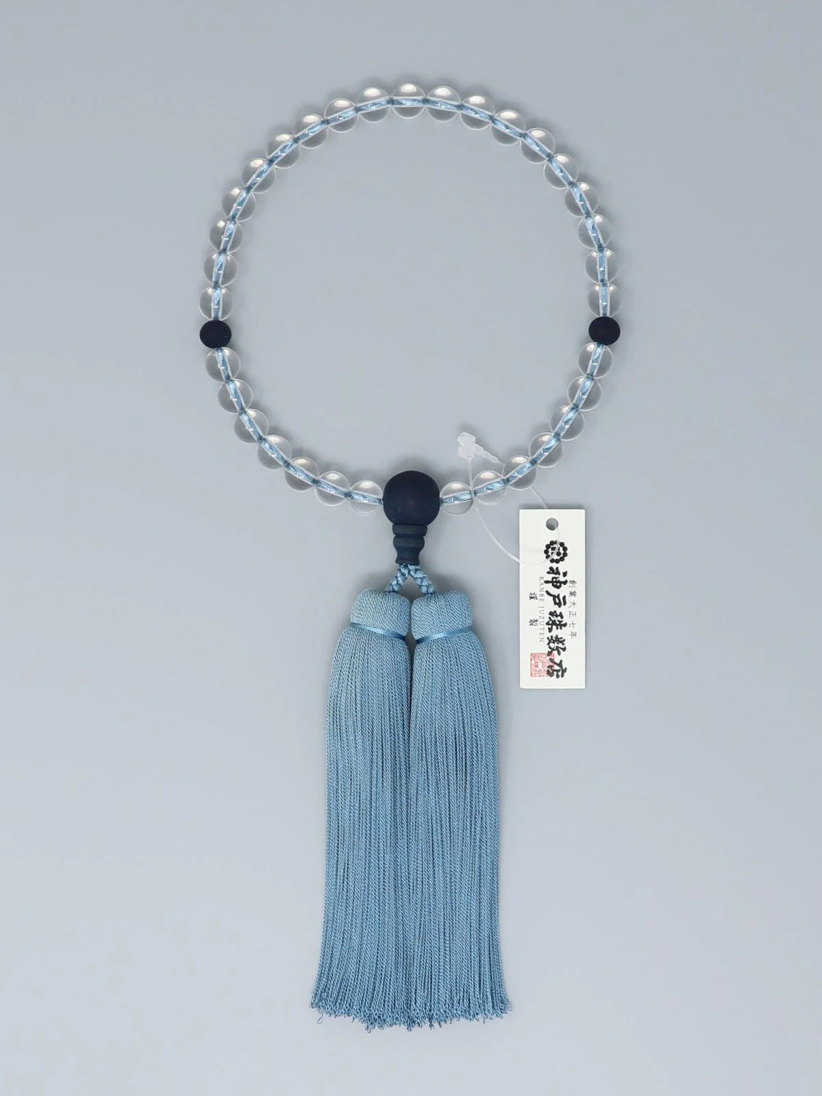 Women's Indigo Prayer Beads - Crystal / Wild Cherry-Blossoms Indigo Dye / Indigo Dyed Tassels (Kobe JuzuTen) AI-001