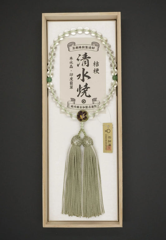 Crystal 8mm Single-Handed Kiyomizu-yaki / Bellflower Theme with Dual Indian Jade and Genuine Silk Tassel (Kobe JuzuTen) KK-009 No25/46 Firefly