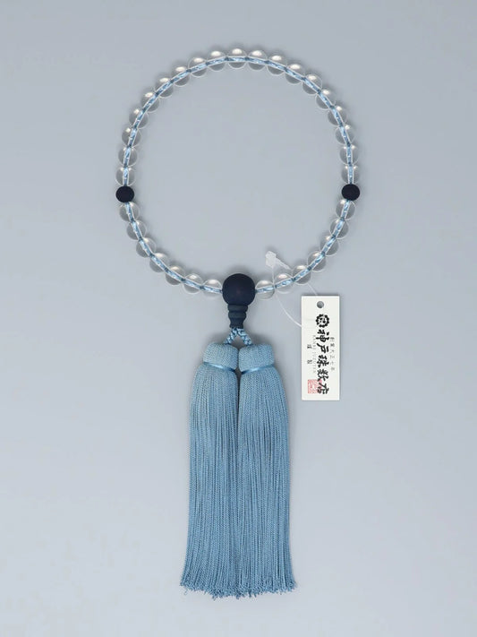 Women's Indigo Prayer Beads - Crystal / Wild Cherry-Blossoms Indigo Dye / Indigo Dyed Tassels (Kobe JuzuTen) AI-001