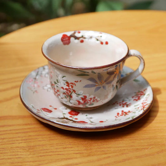 Seasonal Flowers – Coffee Cup and Saucer – Plum, Cherry Blossom, Clematis, Japanese Bush Clover – (Shunzan-gama)